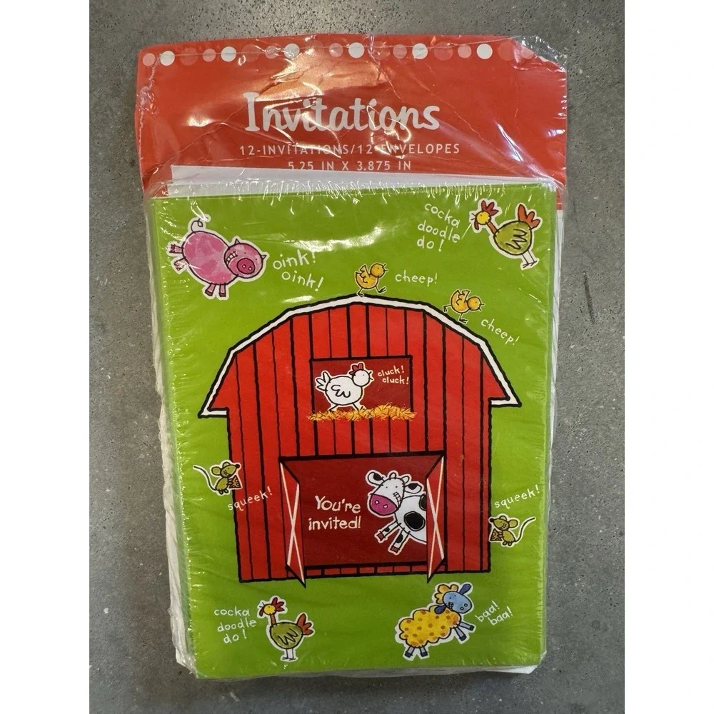 New 12 Count Farm Animal Barn Invitations Kids Birthday Party Cards Sealed